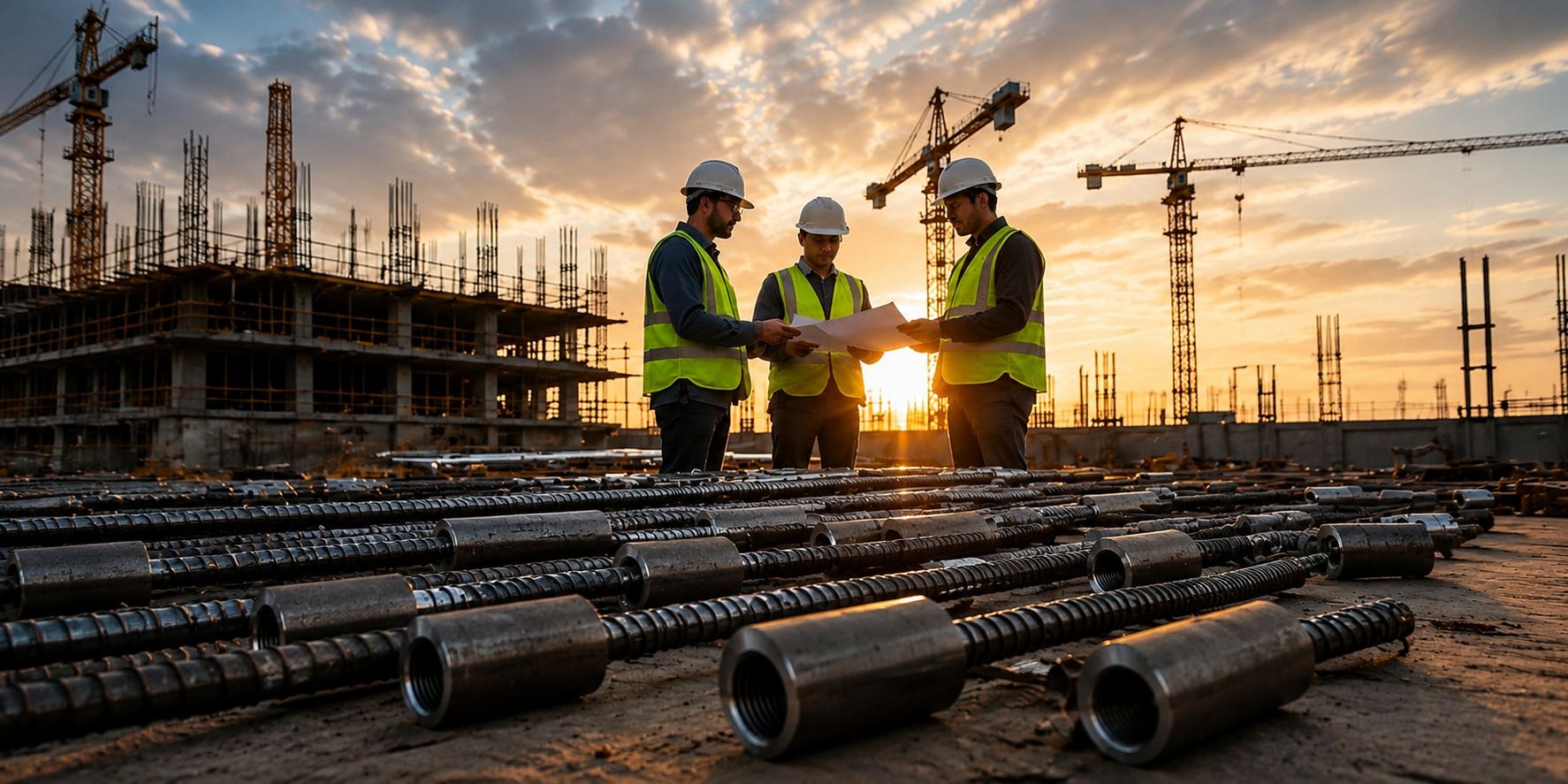 Rebar couplers on a construction site
